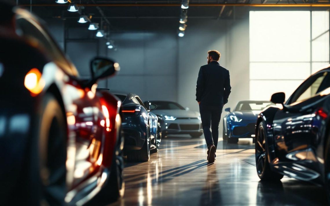 Un créateur automobile entouré de voitures de luxe dans un garage éclairé comme un showroom, ambiance éditoriale premium et lumineuse.