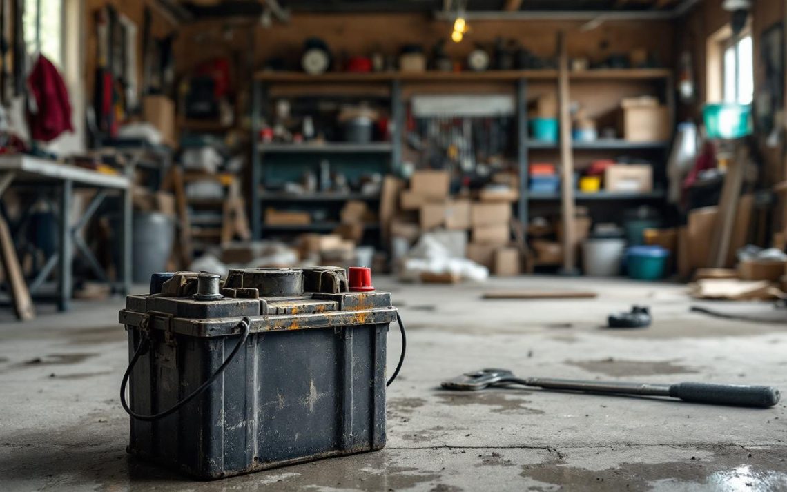 Garage résidentiel en cours de rangement, avec une batterie de voiture usagée au premier plan et des outils rangés en arrière-plan, lumière naturelle réaliste.