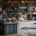 Garage résidentiel en cours de rangement, avec une batterie de voiture usagée au premier plan et des outils rangés en arrière-plan, lumière naturelle réaliste.