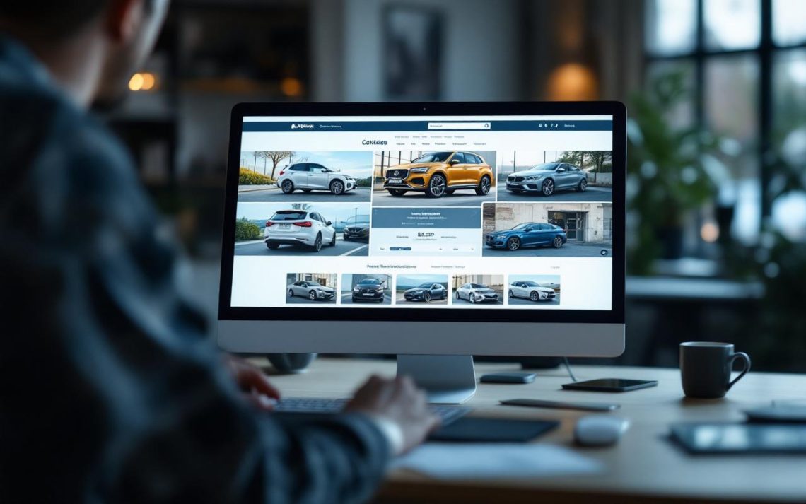 Interface sobre de site d’annonces automobiles montrant plusieurs voitures d’occasion, éclairage naturel et ambiance journalistique en contexte européen 2026.