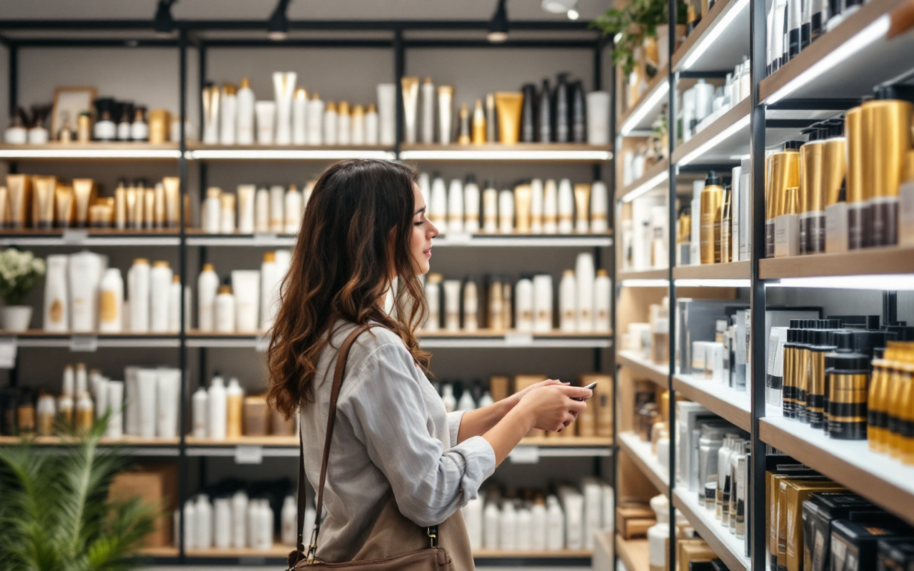 Client parcourant les rayons de produits capillaires professionnels dans un magasin moderne, posture naturelle, étagères bien rangées avec étiquettes visibles, lumière douce et volumétrique créant une ambiance chaleureuse.