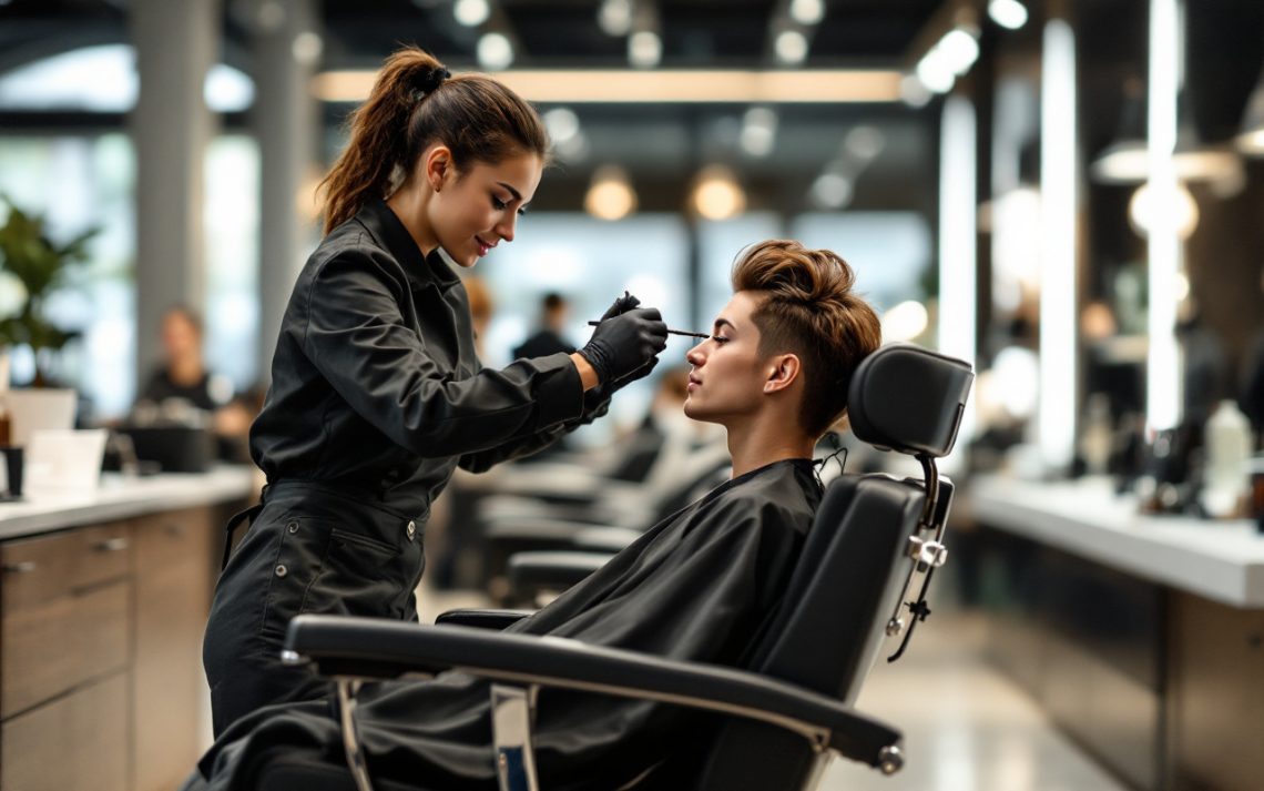 Coiffeur professionnel teste un fauteuil de salon dans un showroom moderne, assis naturellement sur un fauteuil en cuir et chrome, lumière volumétrique chaude et ambiante, miroirs et outils de coiffure en arrière-plan.