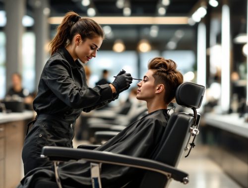 Coiffeur professionnel teste un fauteuil de salon dans un showroom moderne, assis naturellement sur un fauteuil en cuir et chrome, lumière volumétrique chaude et ambiante, miroirs et outils de coiffure en arrière-plan.