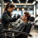 Coiffeur professionnel teste un fauteuil de salon dans un showroom moderne, assis naturellement sur un fauteuil en cuir et chrome, lumière volumétrique chaude et ambiante, miroirs et outils de coiffure en arrière-plan.