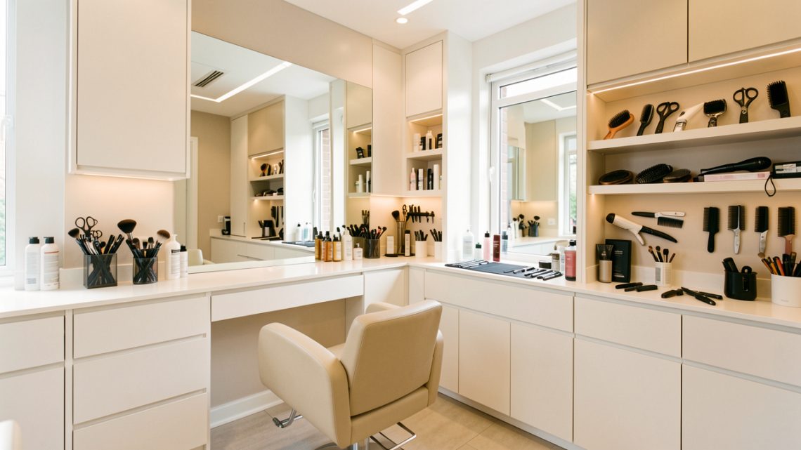 Espace de coiffage moderne et lumineux avec fauteuil de salon, grand miroir, rangements intégrés et outils professionnels soigneusement organisés.