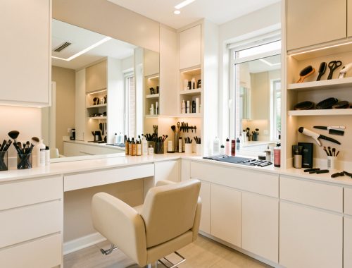Espace de coiffage moderne et lumineux avec fauteuil de salon, grand miroir, rangements intégrés et outils professionnels soigneusement organisés.
