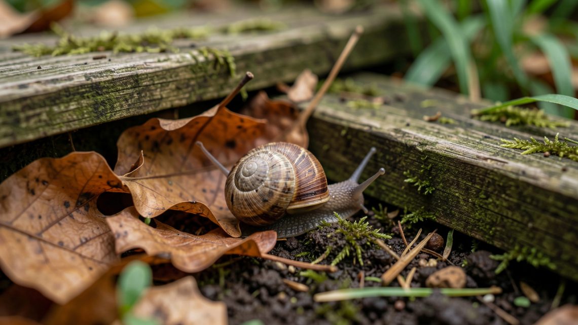 Escargot terrestre réfugié sous des feuilles mortes et une planche de bois dans un jardin ombragé de fin d’été.