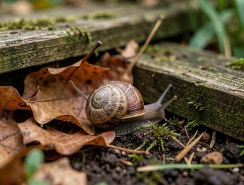 Escargot terrestre réfugié sous des feuilles mortes et une planche de bois dans un jardin ombragé de fin d’été.
