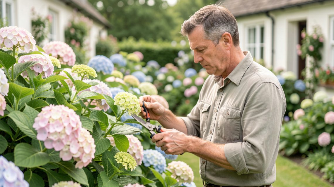 Un jardinier examine les tiges d’hortensias en bourgeons avec un sécateur propre dans un jardin de cottage au printemps, baigné d’une lumière douce.
