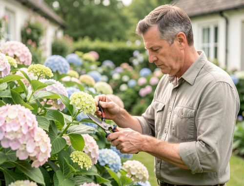 Un jardinier examine les tiges d’hortensias en bourgeons avec un sécateur propre dans un jardin de cottage au printemps, baigné d’une lumière douce.