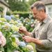 Un jardinier examine les tiges d’hortensias en bourgeons avec un sécateur propre dans un jardin de cottage au printemps, baigné d’une lumière douce.