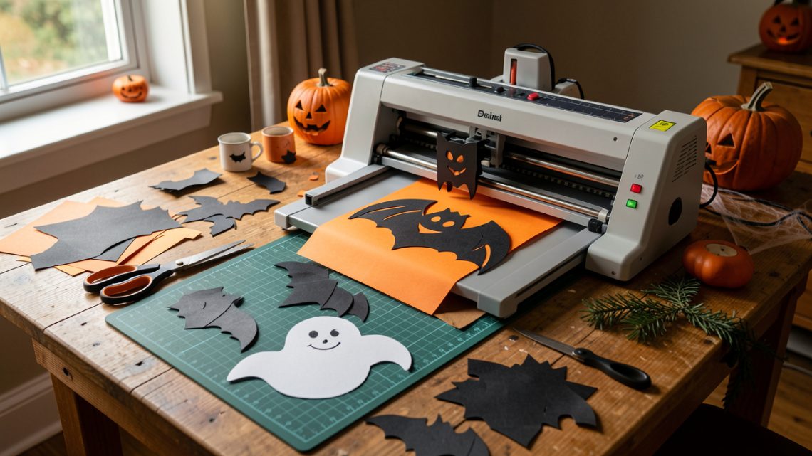 Table créative d’Halloween avec une machine de découpe, du papier cartonné noir et orange, ainsi que des chauves-souris et des fantômes en papier, éclairée par une douce lumière de fin d’après-midi.