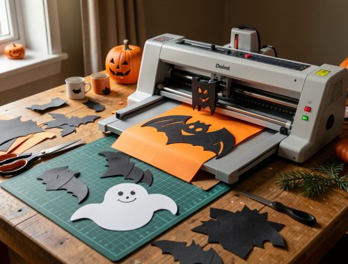 Table créative d’Halloween avec une machine de découpe, du papier cartonné noir et orange, ainsi que des chauves-souris et des fantômes en papier, éclairée par une douce lumière de fin d’après-midi.