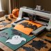 Table créative d’Halloween avec une machine de découpe, du papier cartonné noir et orange, ainsi que des chauves-souris et des fantômes en papier, éclairée par une douce lumière de fin d’après-midi.