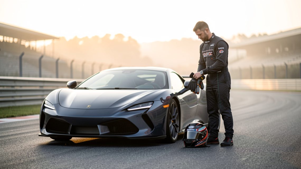 Une voiture sportive est garée dans un paddock de circuit tandis qu’un pilote prépare son casque et son équipement dans la lumière douce du matin.