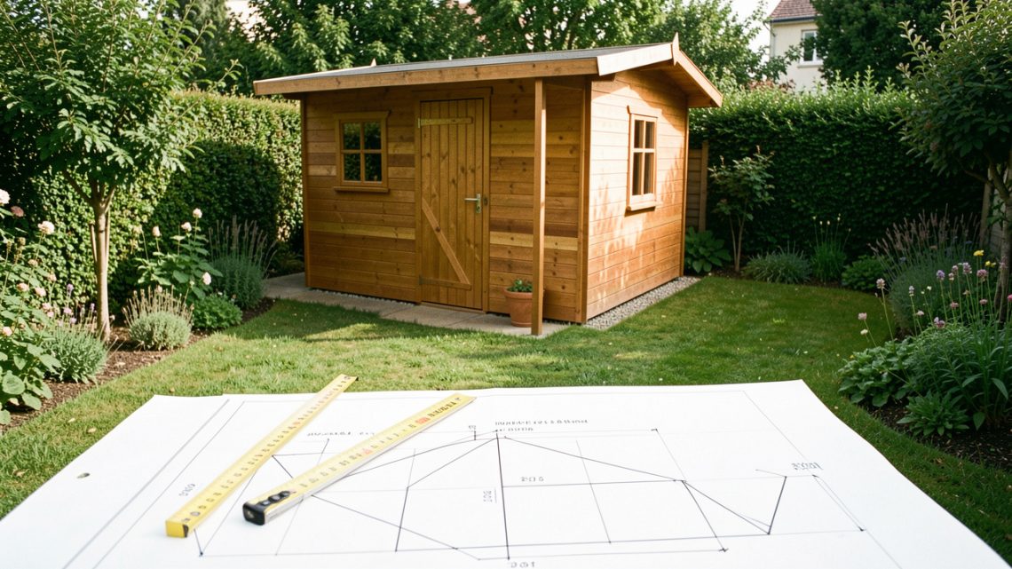 Petit abri de jardin compact en bois dans un jardin français, avec un mètre ruban et un plan d’implantation coté au premier plan.