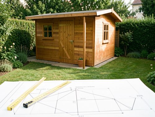 Petit abri de jardin compact en bois dans un jardin français, avec un mètre ruban et un plan d’implantation coté au premier plan.