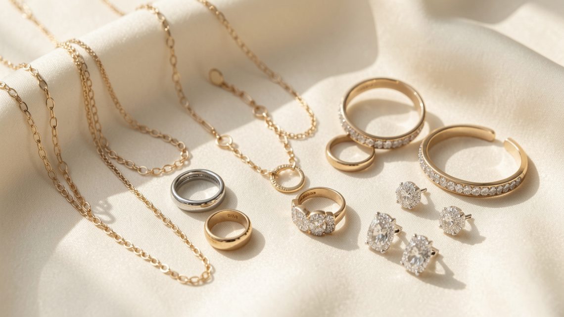 Collection élégante de bijoux variés disposés avec soin sur un tissu ivoire clair, éclairée par une lumière douce.