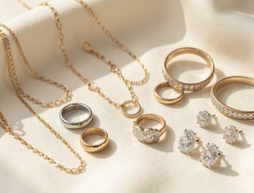 Collection élégante de bijoux variés disposés avec soin sur un tissu ivoire clair, éclairée par une lumière douce.