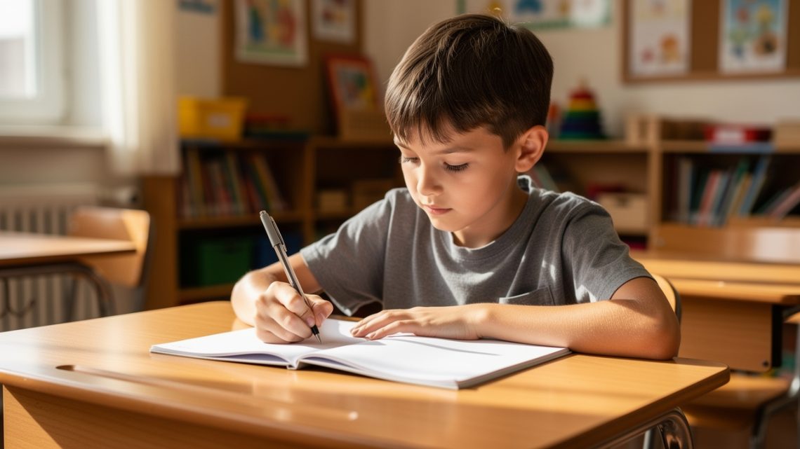 Un jeune garçon gaucher assis à un bureau d’école écrit au stylo dans un cahier sans spirale, dans une salle de classe lumineuse.