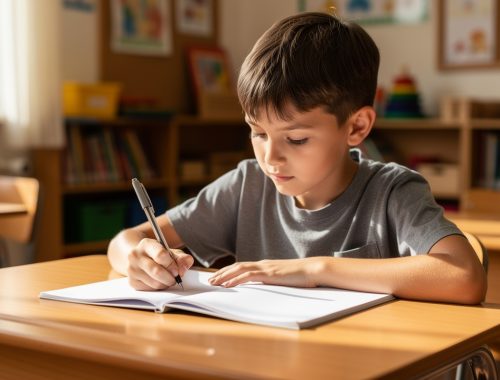 Un jeune garçon gaucher assis à un bureau d’école écrit au stylo dans un cahier sans spirale, dans une salle de classe lumineuse.