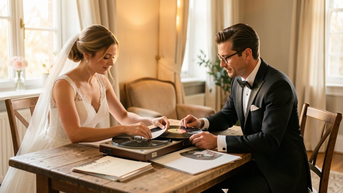 Un futur marié et une future mariée assis à une table en bois, écoutant des vinyles et préparant leur sélection musicale de mariage dans une lumière douce et élégante.
