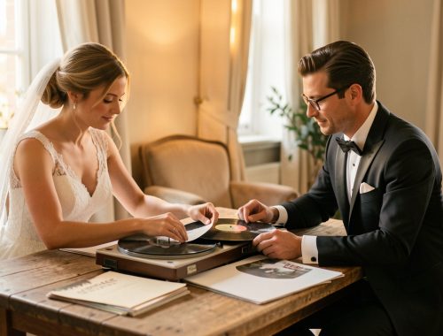 Un futur marié et une future mariée assis à une table en bois, écoutant des vinyles et préparant leur sélection musicale de mariage dans une lumière douce et élégante.