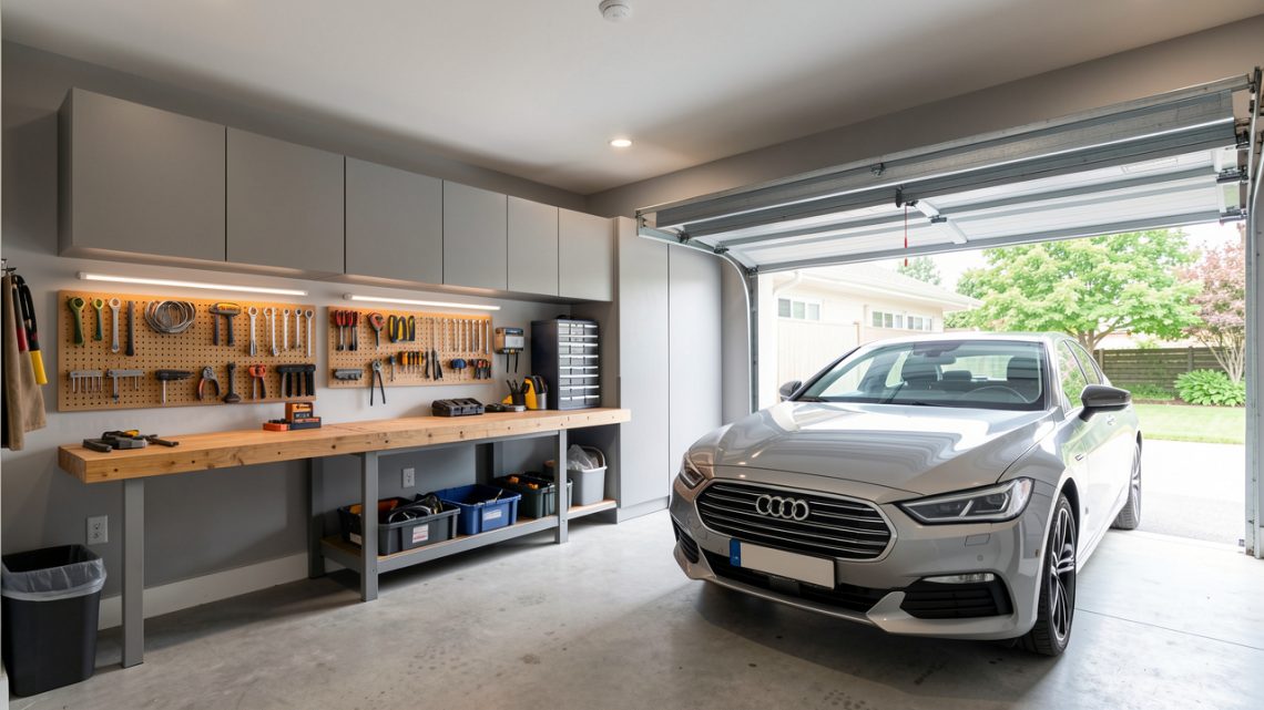 Garage attenant moderne et parfaitement rangé, avec rangements muraux, établi, outils organisés et voiture propre dans une ambiance lumineuse et sécurisée.