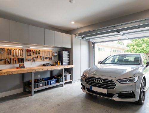 Garage attenant moderne et parfaitement rangé, avec rangements muraux, établi, outils organisés et voiture propre dans une ambiance lumineuse et sécurisée.