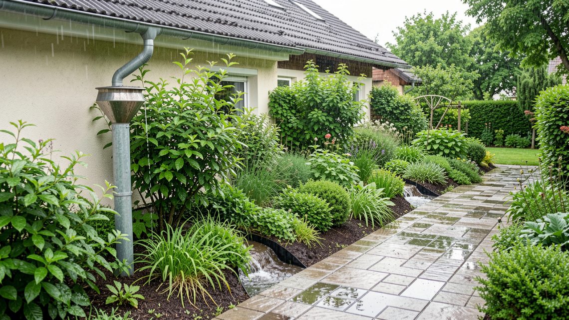 Jardin résidentiel lumineux après une pluie douce, avec récupérateur d’eau relié à une gouttière, noue végétalisée et allée en pavés drainants.