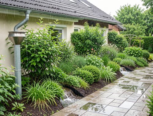 Jardin résidentiel lumineux après une pluie douce, avec récupérateur d’eau relié à une gouttière, noue végétalisée et allée en pavés drainants.