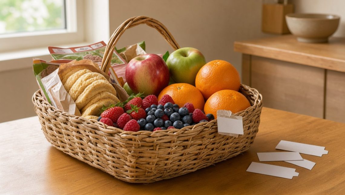 Panier de courses posé sur une table de cuisine, rempli de biscuits, de céréales et de fruits frais, avec de petites étiquettes de prix vierges.