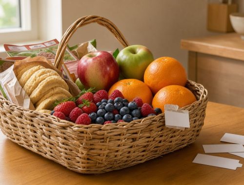 Panier de courses posé sur une table de cuisine, rempli de biscuits, de céréales et de fruits frais, avec de petites étiquettes de prix vierges.