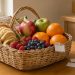 Panier de courses posé sur une table de cuisine, rempli de biscuits, de céréales et de fruits frais, avec de petites étiquettes de prix vierges.