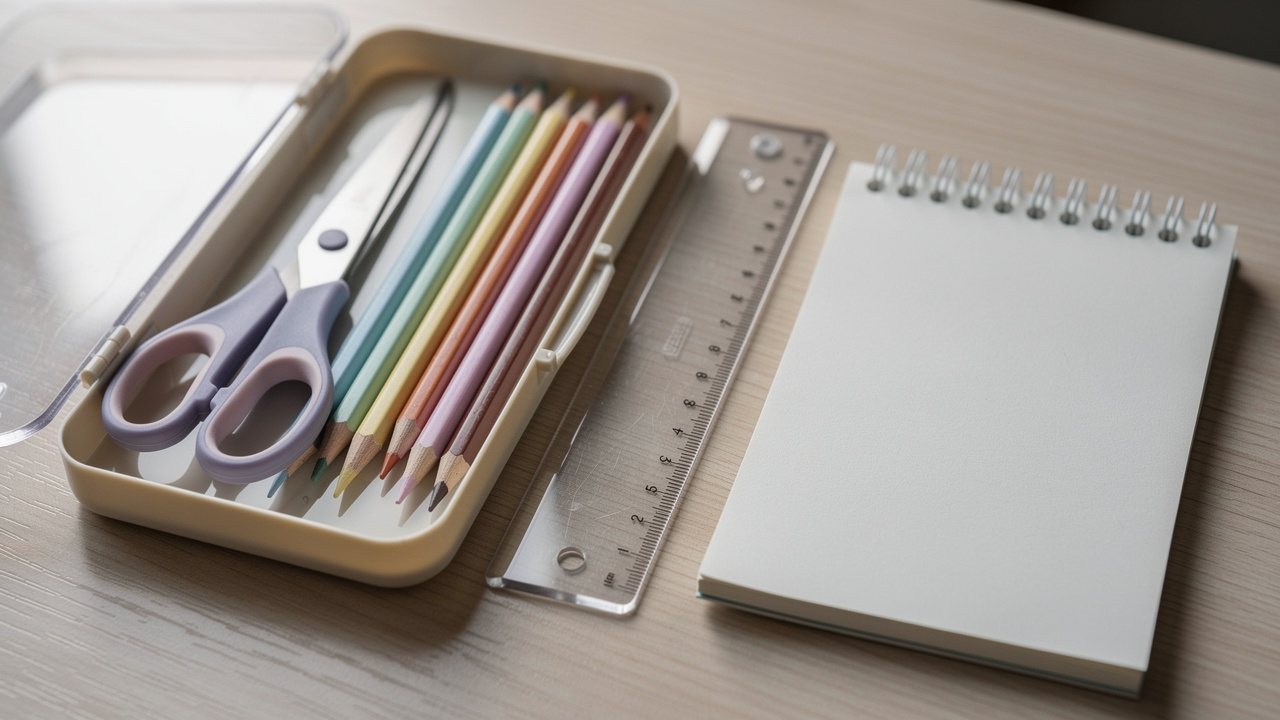 Gros plan sur une trousse ouverte contenant des ciseaux pour gaucher, des crayons triangulaires colorés, une règle transparente et un cahier à reliure adaptée.
